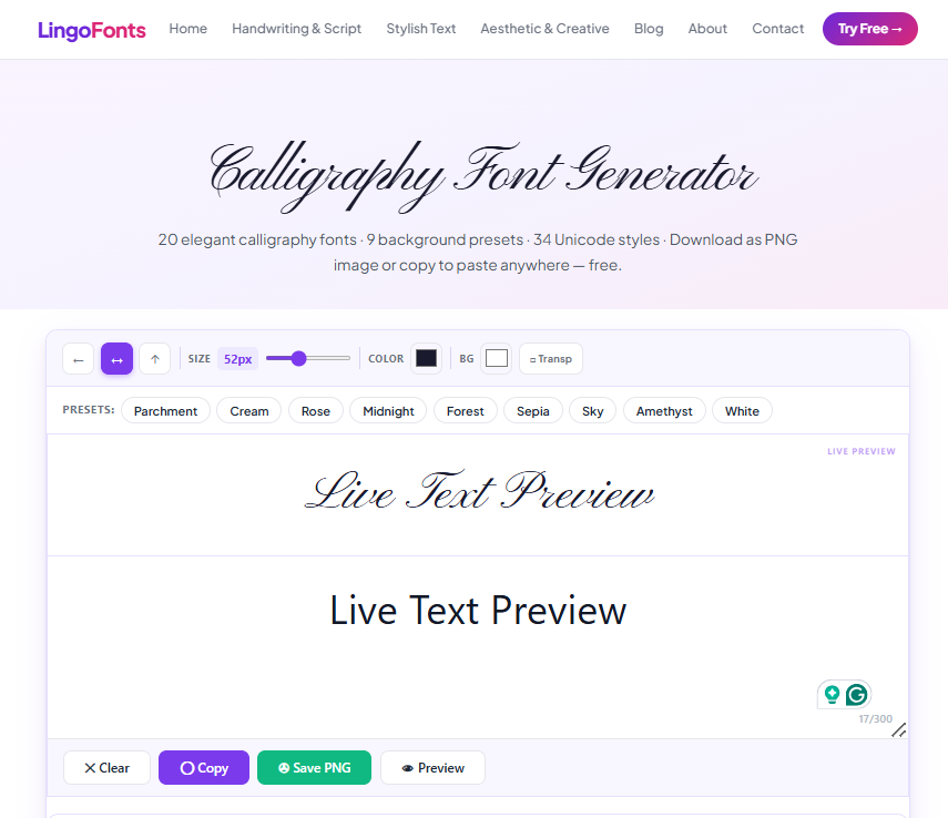 calligraphy font generator homepage showing live text preview